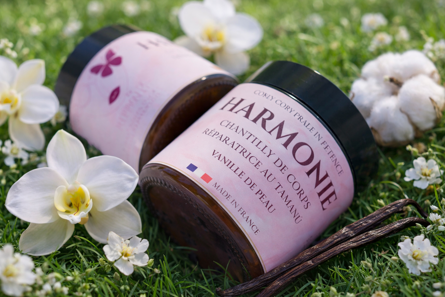 Deux pots Harmonie sur l'herbe avec fleurs blanches